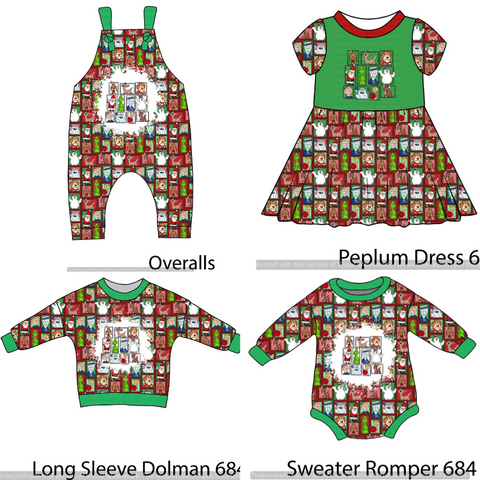 Holiday Movies Fabric Peplum Dress, Overalls, Lounge Top(Dolman) and Sweater Romper