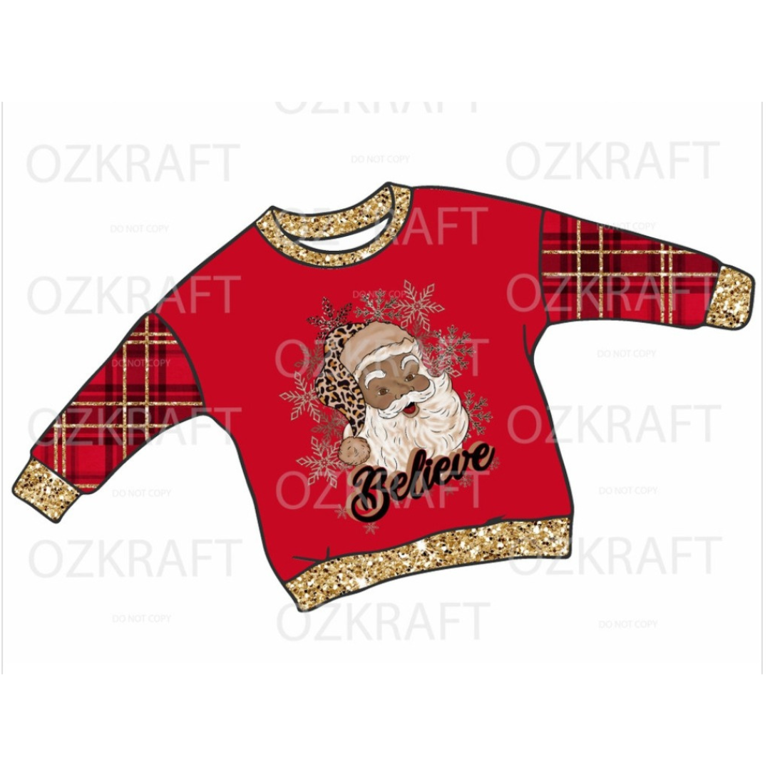 Red/Gold Plaid Santa Lounge Top with Short or Long Sleeves