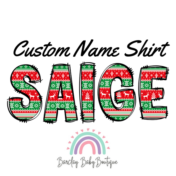 Custom Name Lettering Holiday Sweater Onesie, Basic T-shirt, Crew Neck and Peplum White shirt SUBLIMATION