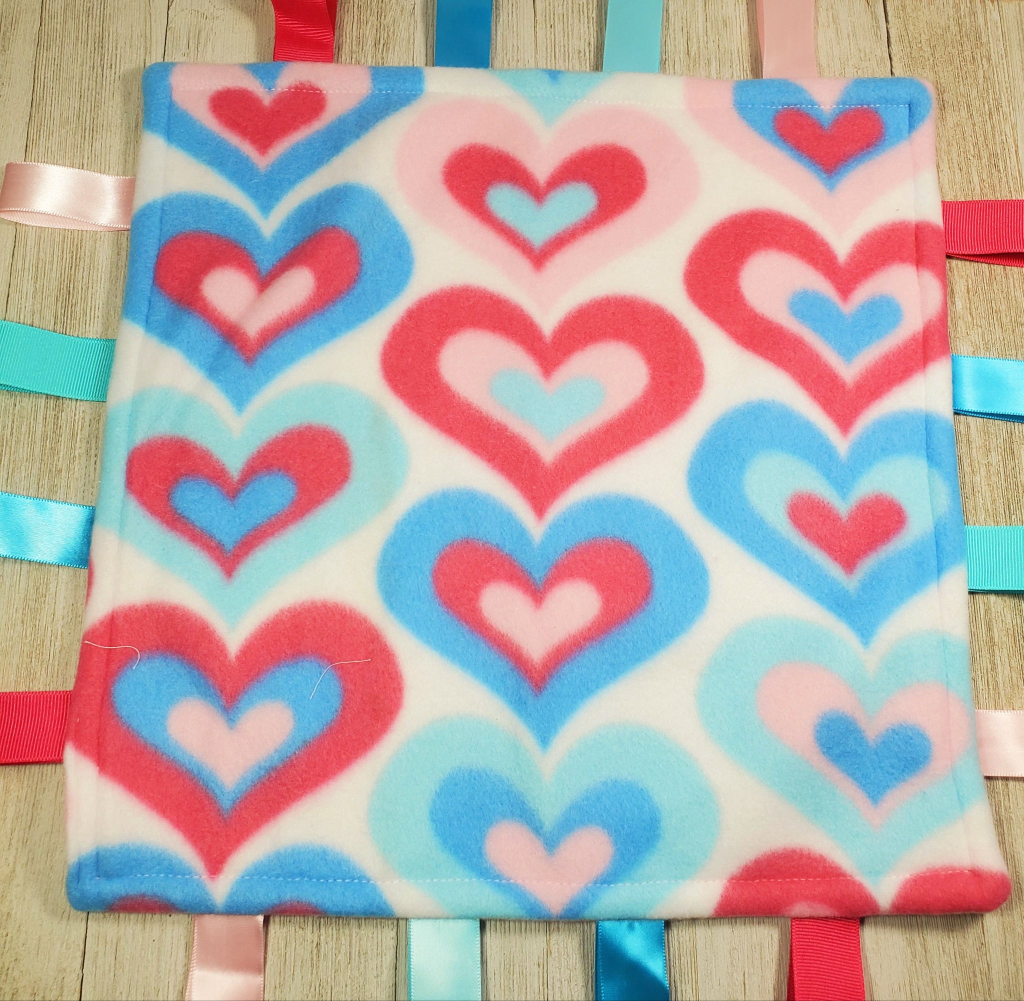Hearts Lovey Tag Blanket with Pink Back
