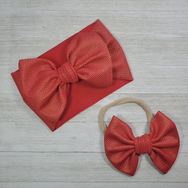 Red Gold Shine 5" bow Clip or Nylon Headband