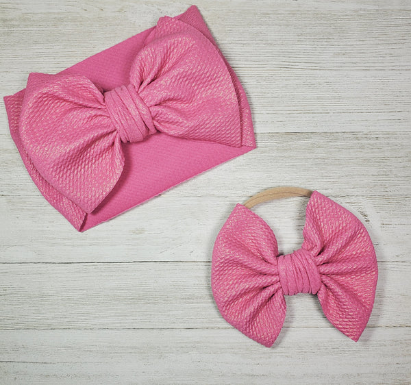 Pink Gold Shine 5" bow Clip or Nylon Headband