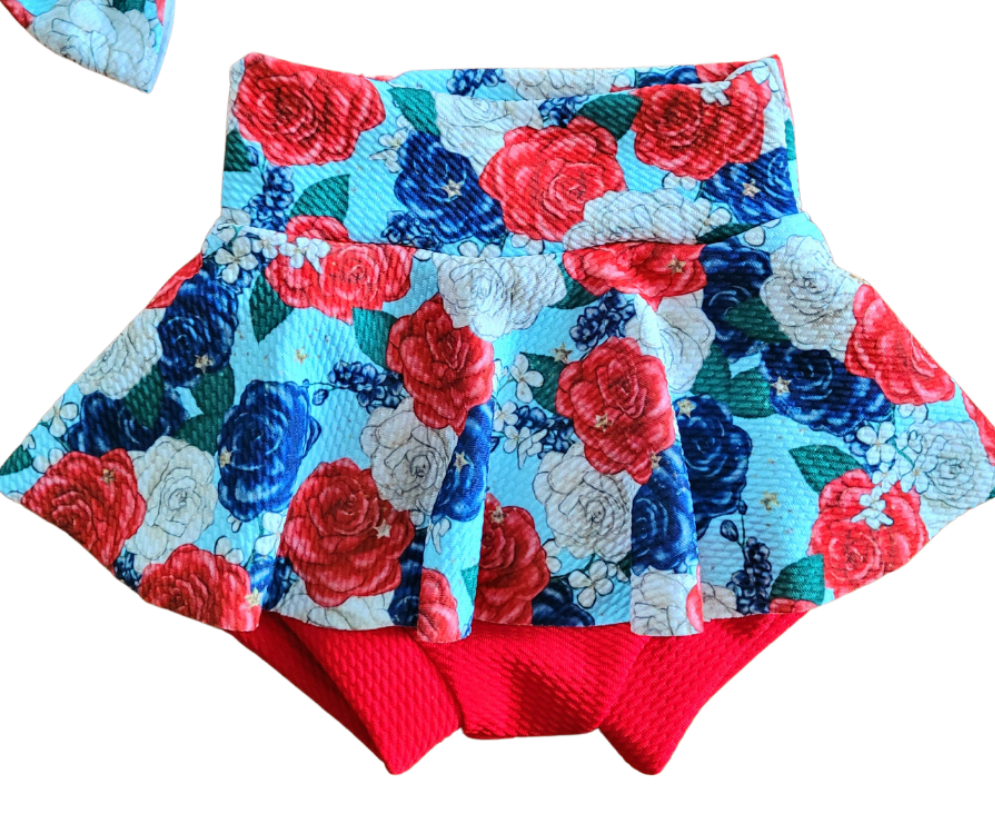 RTS 9/12m Red White Blue Floral  Bummie Skirt