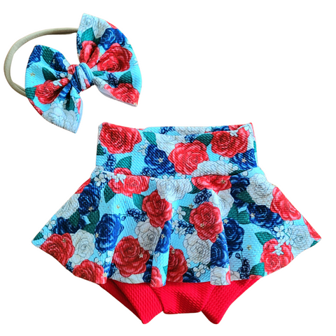 Red White Blue Floral  - Bow, Bummie or Bummie Skirt