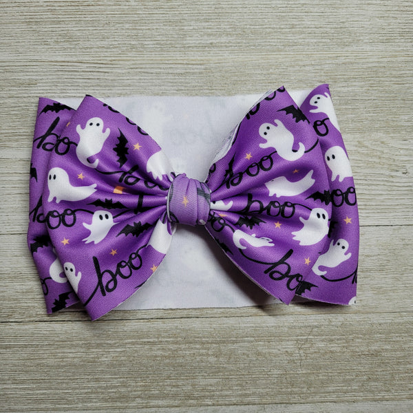 Halloween Purple Boo Fabric 5" bow clip or Nylon Headband or Headwrap