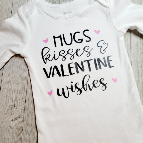 RTS 'Hugs Kisses & valentines wishes' 6m long sleeve onesie