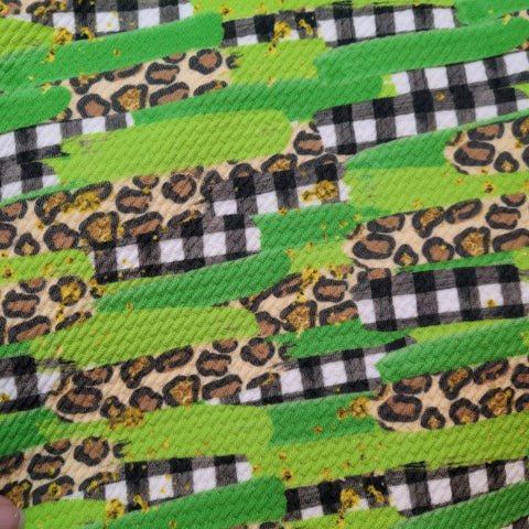 Green Plaid/Cheetah Brushstroke Fabric Bow, Headwrap or Piggies