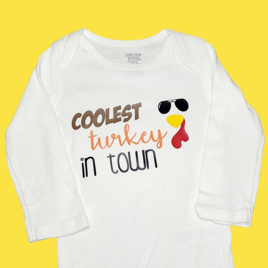 'Coolest turket in town' white onesie or toddler t-shirt