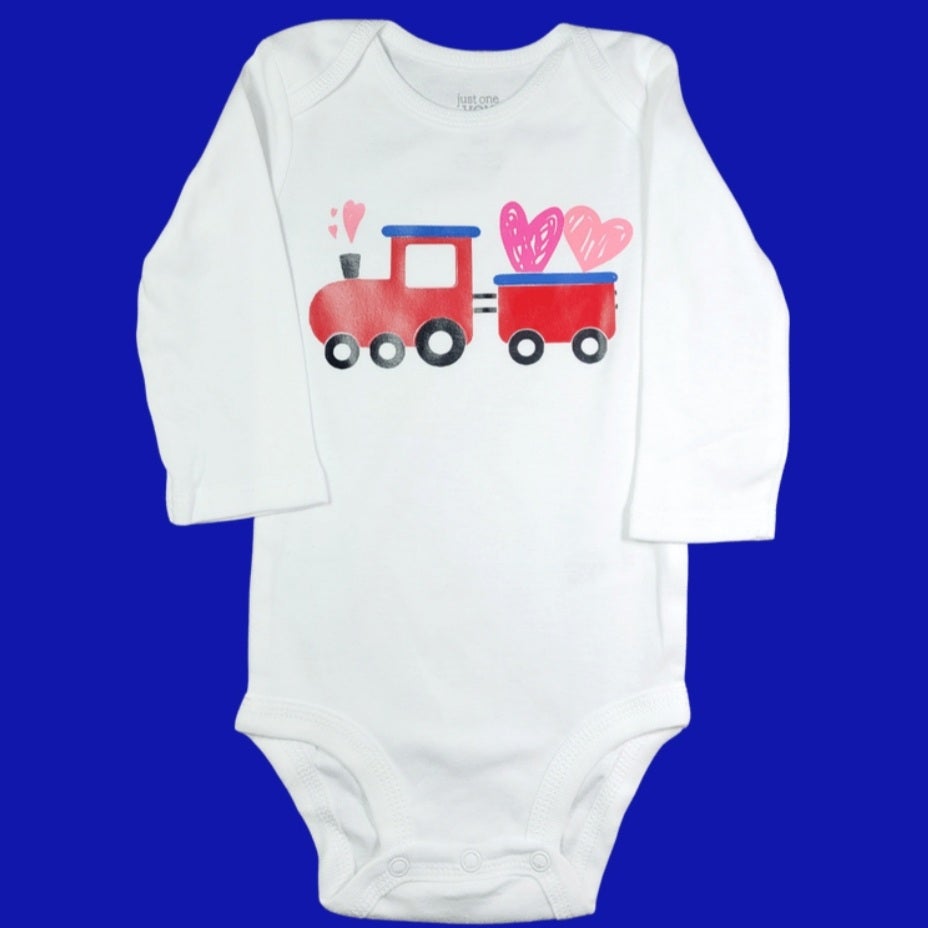 RTS Train with hearts 0/3m long sleeve onesie