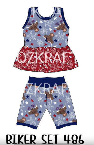 Red White and Blue Highland Cow Fabric Biker Set, Bummie Skirt Set and Peplum Dress